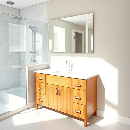 New Hampstead bathroom vanity with modern fixtures marble countertop undermount sink natural wood cabinets and bright lighting