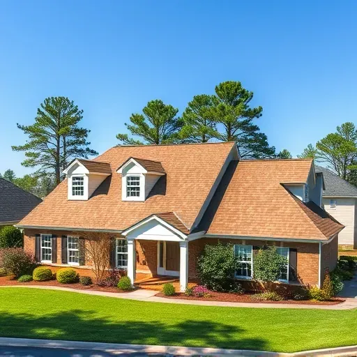 Finished asphalt shingle roof on a well-maintained Hampstead North Carolina home with lush landscaping and scenic surroundings