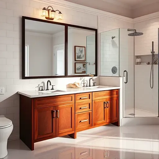 Recently replaced bathroom vanity in Hampstead NC with marble countertop, double sinks, dark wood cabinets, and coastal décor