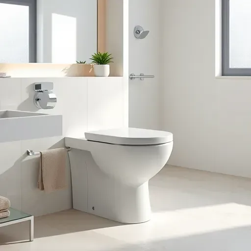 Freshly installed modern white toilet in a sleek bathroom with neutral tiles, chrome details, natural light and minimalist decor