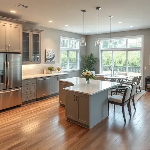 Modern Bluewater NC kitchen with gray cabinetry, quartz countertops, and cozy living area, reflecting coastal elegance.