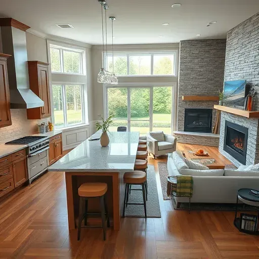 Modern kitchen and living area in Rocky Point Farms NC with high-end appliances, granite, natural light, and elegant decor.