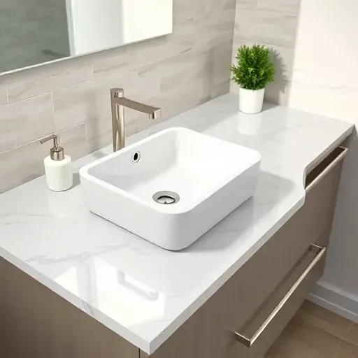 Freshly replaced modern marble bathroom countertop in Hampstead NC with polished gray veins, elegant fixtures, and neutral tiled wall