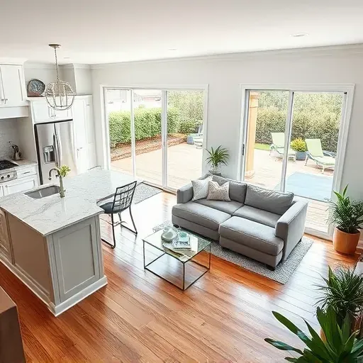 Modern open-concept living area in Surf City NC with elegant finishes, granite island, chic decor, and landscaped backyard.