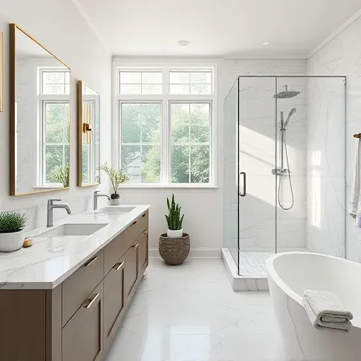 Renovated bathroom in Hampstead NC with marble countertops, modern fixtures, and spacious walk-in glass shower.