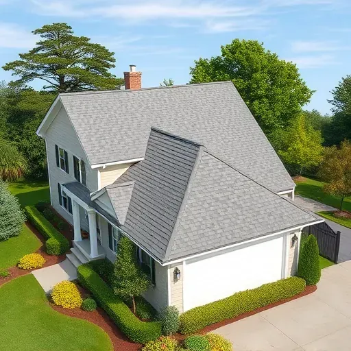Completed gray asphalt shingle roof on modern Hampstead NC home with lush landscaping and clear sky