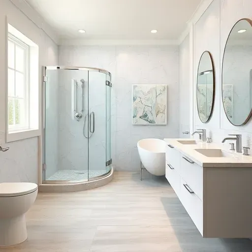 Elegant Hampstead bathroom with marble countertops, glass shower, chrome fixtures, coastal decor, and natural light.