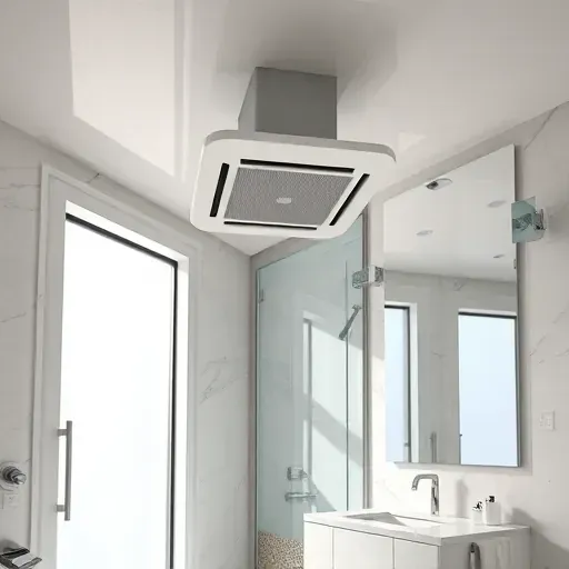 Modern bathroom with sleek ceiling ventilation system, tiled walls, marble vanity, natural light, and stylish fixtures.