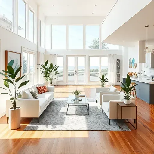 Renovated living room in Wilmington, NC, featuring coastal design, natural light, and elegant minimalist furniture.