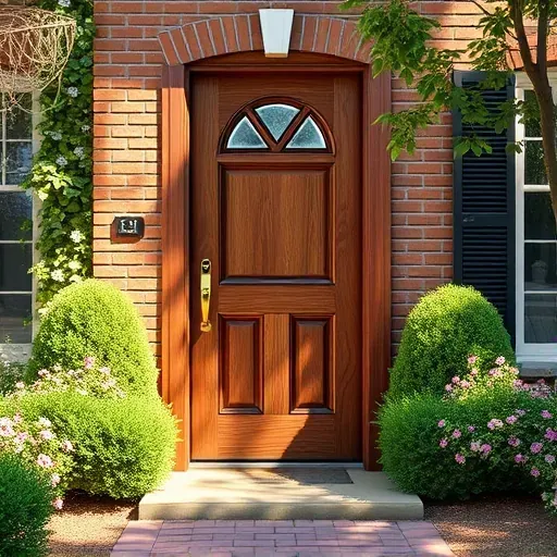 Beautiful wooden door with brass hardware and frosted glass panel in front of a brick building in Hampstead NC surrounded by greenery