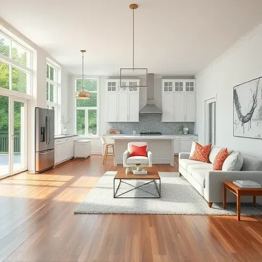 Remodeled living space in Sneads Ferry NC features modern design, hardwood floors, and a spacious kitchen with marble countertops.