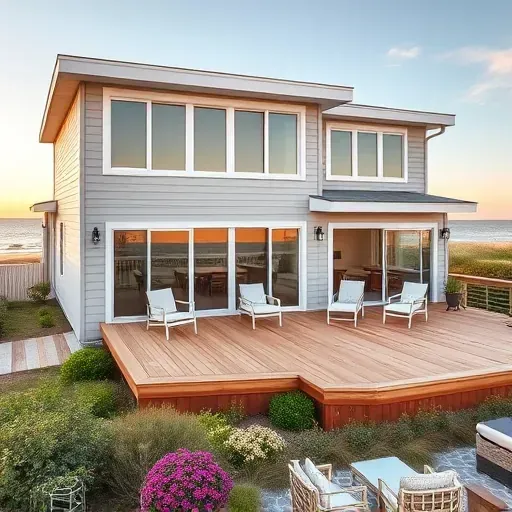Contemporary beachfront house in Wilmington Beach, NC with sleek lines, large windows, and lush native landscaping.