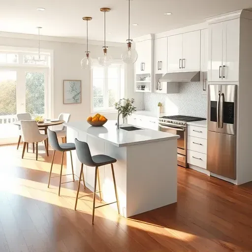 Modern kitchen in Holly Ridge NC featuring white cabinetry, quartz countertops, stainless appliances, and natural light.