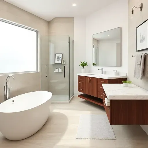 Renovated Hampstead NC bathroom with a freestanding tub, dark wood vanity, glass shower, neutral tones, and modern decor