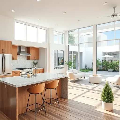 Completed home remodel in Carolina Beach showcasing a stylish kitchen, open living area, and landscaped garden.