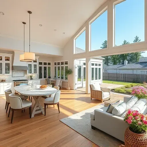 Stunning coastal style home remodel in Porters Neck NC with open floor plan, elegant design, and beautiful patio landscaping.