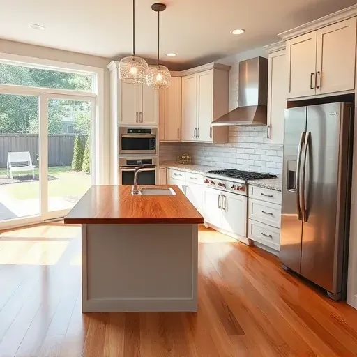 Modern Hampstead kitchen with granite countertops, wooden island, stainless steel appliances, custom cabinetry, and natural light