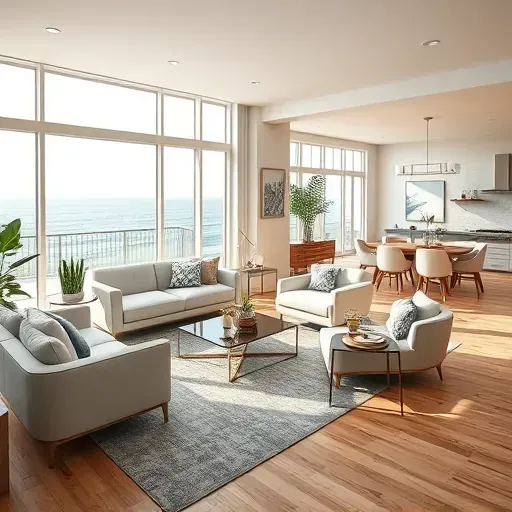 Modern living room in Carolina Beach NC with ocean view, elegant furnishings, warm sunlight, and open floor plan.