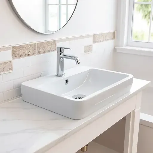 Finished modern bathroom sink with marble countertop, chrome faucet, detailed plumbing, tiled wall, and coastal style decor