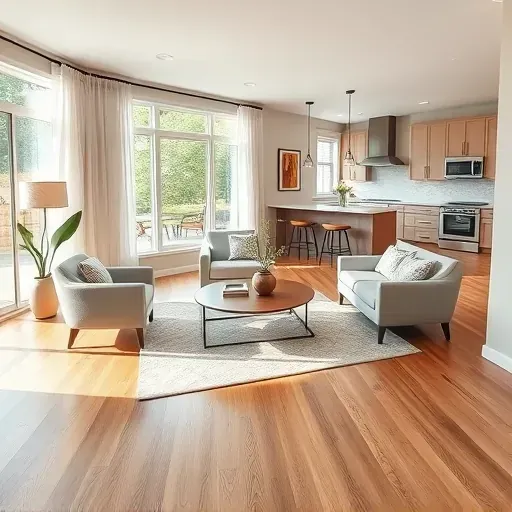 Home remodeling in Watha NC with a modern living room featuring hardwood floors, minimalist furniture, and natural light.