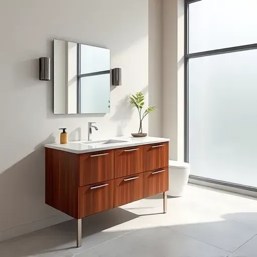 Modern Hampstead bathroom vanity with marble top walnut cabinetry and brushed nickel fixtures in a bright, stylish space