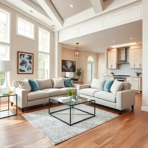 Stylish modern living room in Hampstead, NC with hardwood floors, sectional sofa, natural light, and open kitchen.