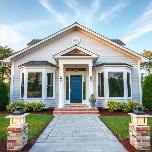 Modern home remodeling in Monkey Junction NC features gray siding, blue door, bay windows, and landscaped lawn.