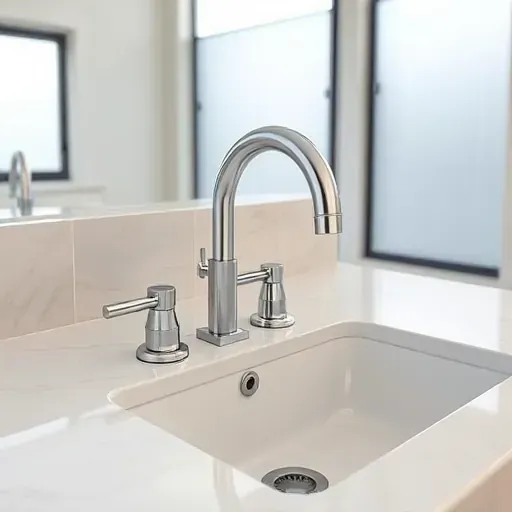 Freshly installed high-end polished chrome bathroom faucet set on marble countertop with minimalist backsplash and natural light in Hampstead NC