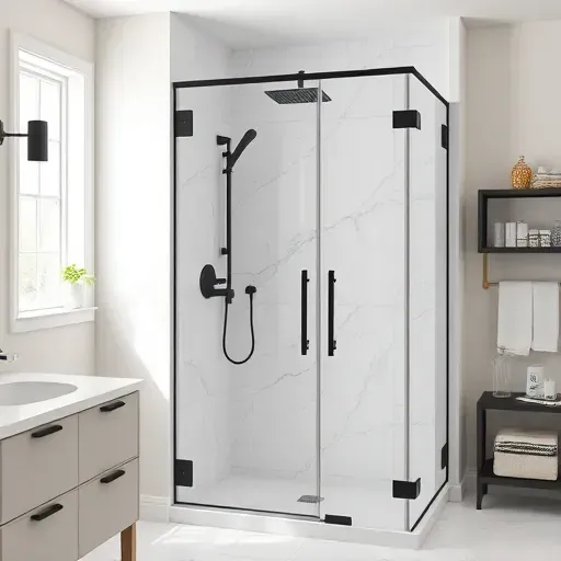 Renovated Hampstead NC shower with matte black fixtures glass doors marble tiles natural light modern style