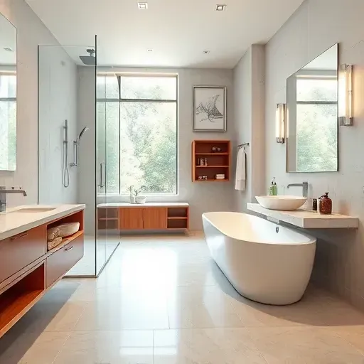 Modern Hampstead NC bathroom with sleek fixtures, glass shower, marble countertops, freestanding tub, and natural light.