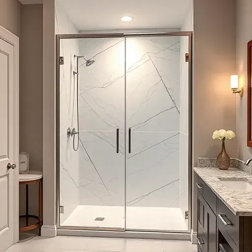 Modern Hampstead NC shower remodel with frameless glass doors, marble tiles, chromeHardware, neutral decor, and elegant lighting