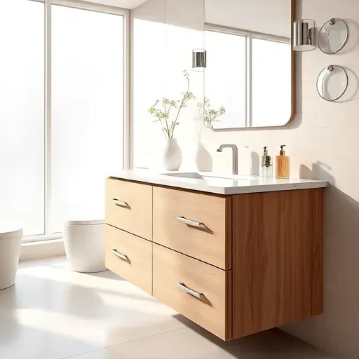 Modern Hampstead bathroom vanity with marble countertop, wood cabinet, stainless hardware, and natural light scene