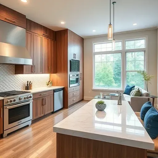 Modern kitchen remodel in Castle Hayne NC featuring stainless steel appliances, custom cabinetry, and ambient lighting.