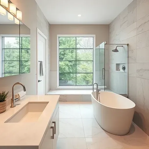 Completed bathroom remodel in Hampstead NC featuring sleek fixtures, freestanding tub, and spacious glass shower.