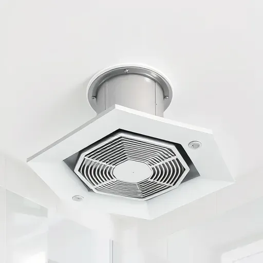 Freshly installed modern bathroom exhaust fan mounted on white tiled ceiling in a clean, organized bathroom setting