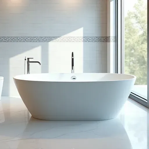 Completed modern bathtub installation in Hampstead NC with polished marble floor and elegant fixtures