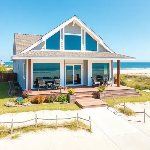 Coastal home remodel in Kure Beach, NC, with soft grays, panoramic windows, deck, and lush landscaping.