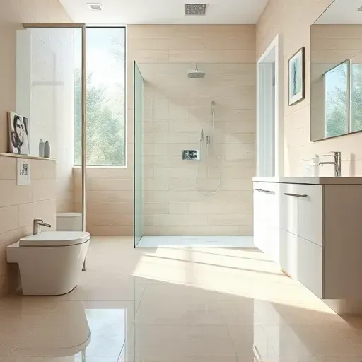 Newly completed luxury bathroom in Hampstead NC featuring neutral ceramic tiles, modern fixtures, and natural light.