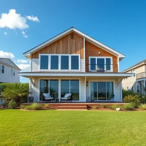 Modern coastal home in Surf City NC with wooden accents, energy-efficient windows, and lush landscaping.