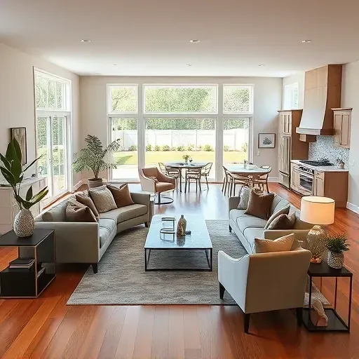 Home remodeling in Bluewater NC showcasing a modern living room with elegant furniture, natural light, and lush plants.