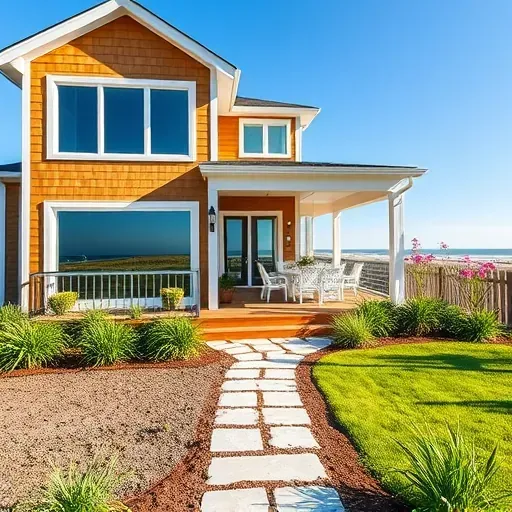 Coastal home remodel in Ogden Beach NC features wood siding, expansive windows, vibrant landscaping, and ocean backdrop.