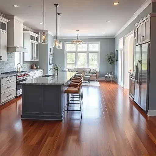Modern kitchen in Sneads Ferry NC with gray cabinetry, granite countertops, spacious island, and natural light ambiance.