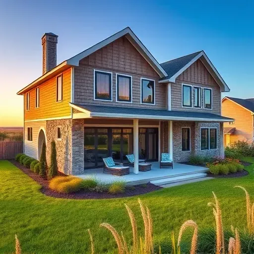 Modern home addition in Hampstead NC with stone and wood siding large windows lush landscaping and sunset lighting
