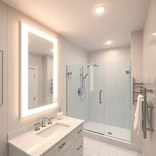 Modern Hampstead bathroom with seamless LED lighting, marble surfaces, glass shower, and elegant fixtures enhancing luxury and style