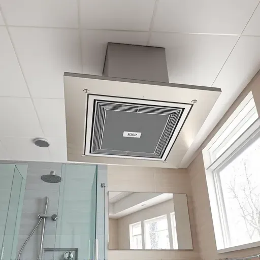 Recently installed stainless steel bathroom exhaust fan in a modern Hampstead NC bathroom with sleek tiles and natural lighting