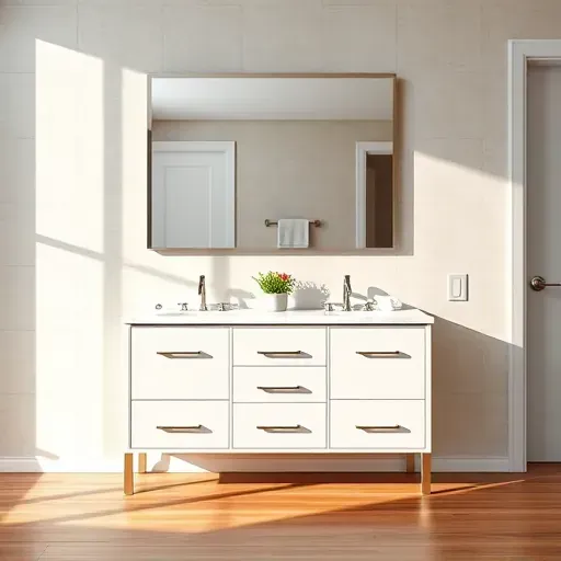 Modern Hampstead NC bathroom vanity with marble countertop polished fixtures and neutral tiled wall