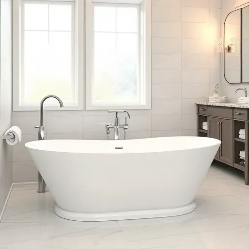 Modern upscale Hampstead bathroom with sleek white bathtub, polished chrome fixtures, elegant tiles, and natural light