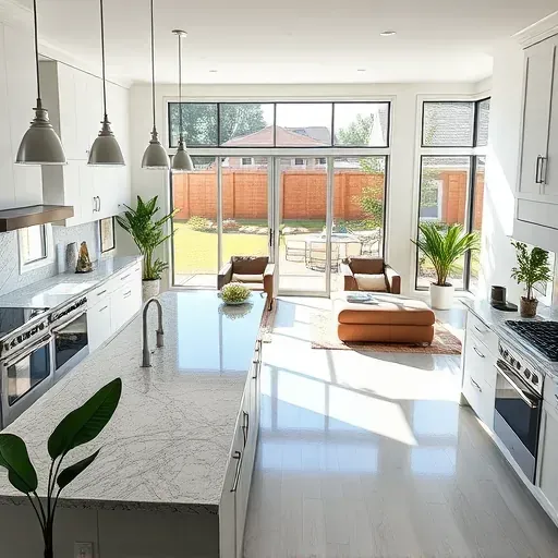 Modern remodeled kitchen in Hampstead Park NC with granite countertops, sleek cabinets, and an open layout to living area.