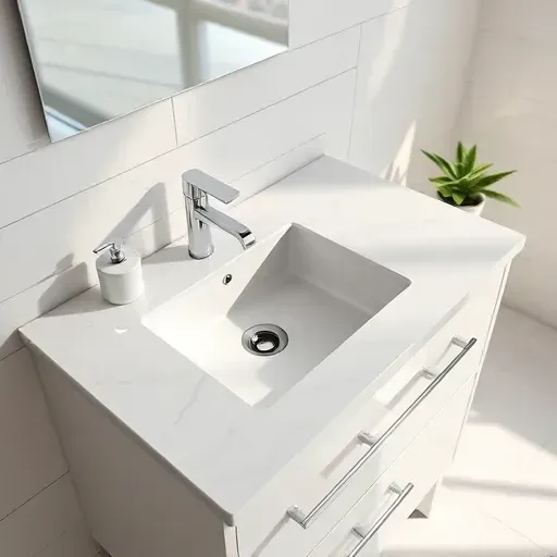 Recently installed modern bathroom sink in Hampstead NC with marble countertop chrome fixtures and neutral tiled walls