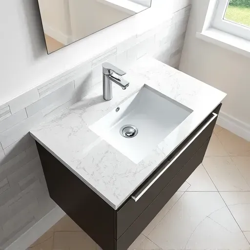 Recently installed Hampstead NC bathroom sink featuring a sleek modern vanity with granite countertop ceramic sink chrome fixtures and minimalist decor